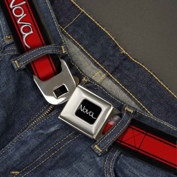 1968-72 NOVA Script Emblem Full Color Black Silver Seatbelt Belt - 1968-72 NOVA Script Emblem Stripe Black Red Silver Webbing For Cheap - Image 2