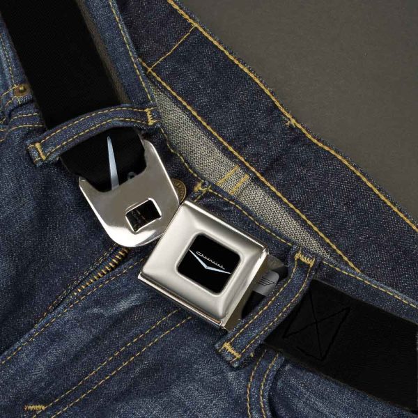 1955-57 CHEVROLET V Emblem Full Color Black Silver Seatbelt Belt - 1955-57 CHEVROLET V Emblem Black Silver Webbing For Discount - Image 2